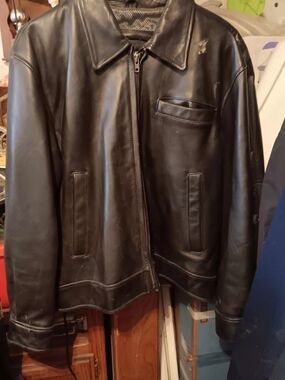 Men's Black Leather Bomber Jacket with Zip Closure